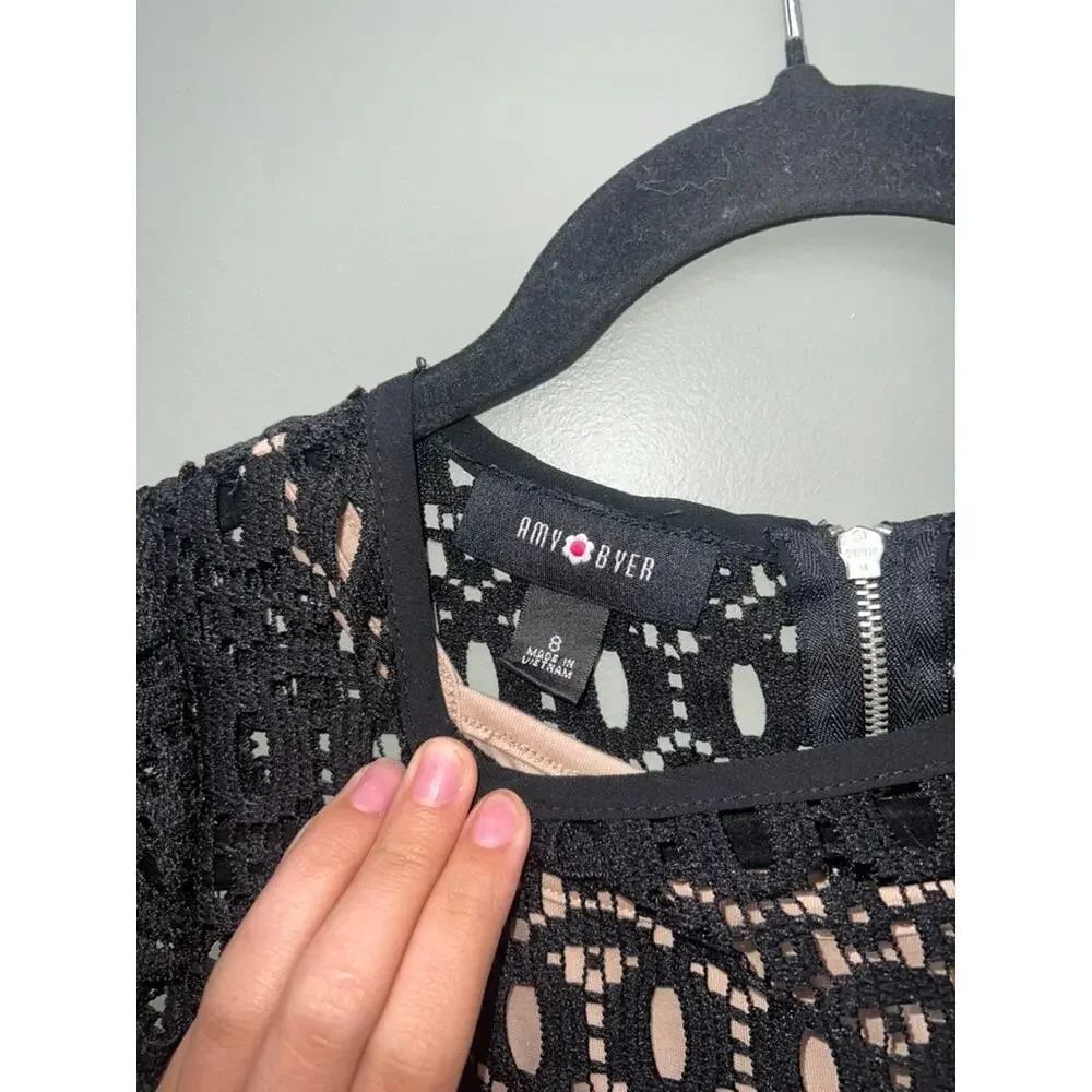 Amy Byer Black Lace Fit & Flare Dress Nude Lining Size 8 Party Cocktail Dress